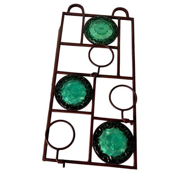 Vintage Wall Hanging Metal 3 Light Votive Candle Holder Green Glass 16” - Picture 6 of 8